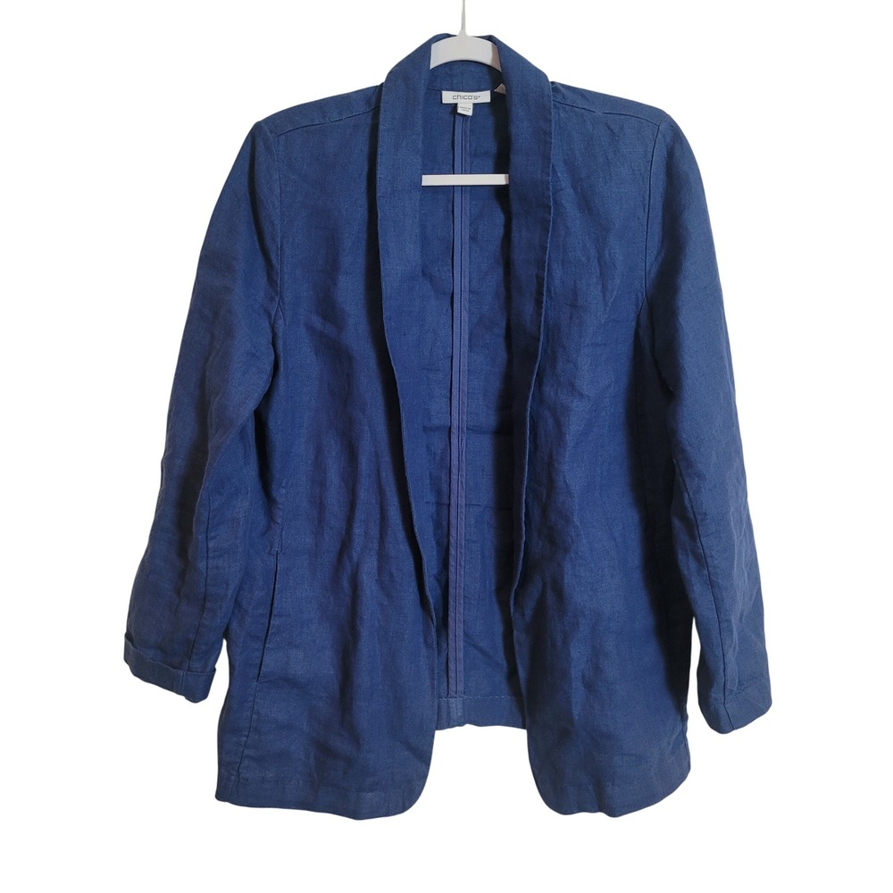 Chicos Womens Blue 100% Linen Open Front Shawl Collar Blazer Jacket Size 1 US 8